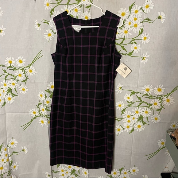 90s vintage deadstock black purple plaid wool sleeveless sheath style midi dress - Picture 3 of 8